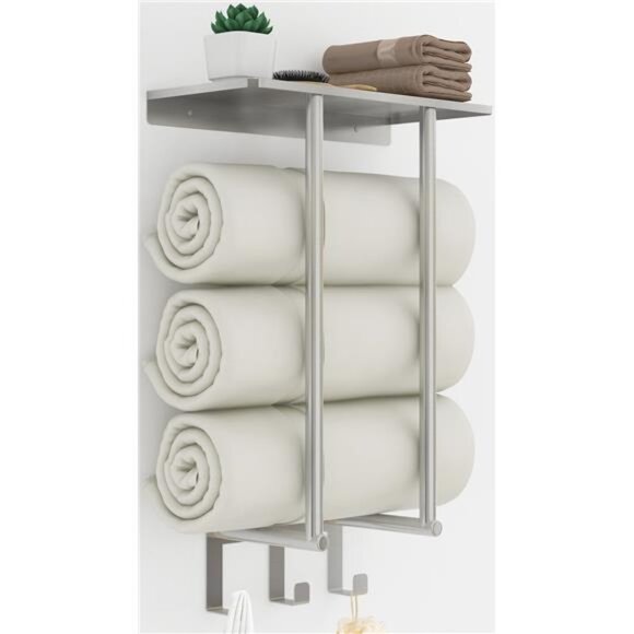 Towel Racks for Bathroom Wall Mounted,  Towel Rack with Shelf & 3 Hooks - Picture 1 of 7